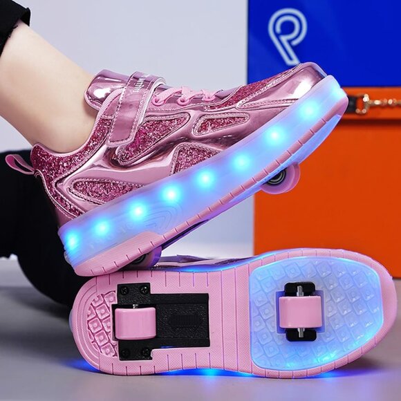Kids Wi-pink Light-up Roller Shoes With Usb Rechargeable Led Sneakers Shoes - Picture 4 of 8